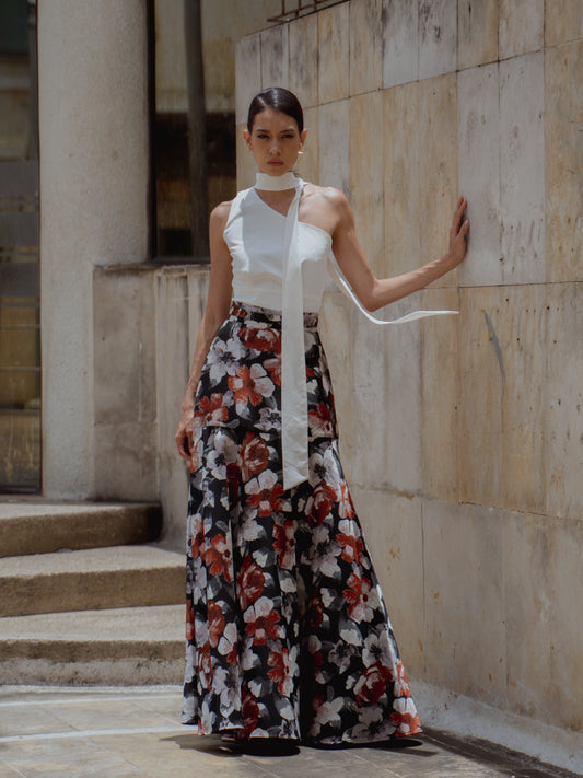 MAXI FALDA JACQUARD FLORES NEGRO Y OCRE