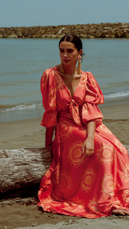 Vestido largo con manga larga naranja