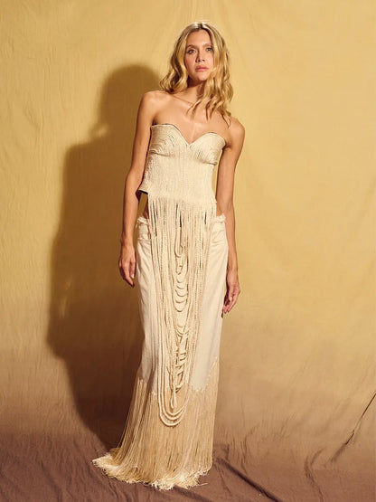 MAXI FALDA DENIM CON FLECOS