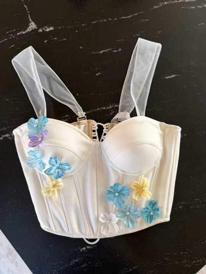 CORSET MARFIL FLORES AQUA