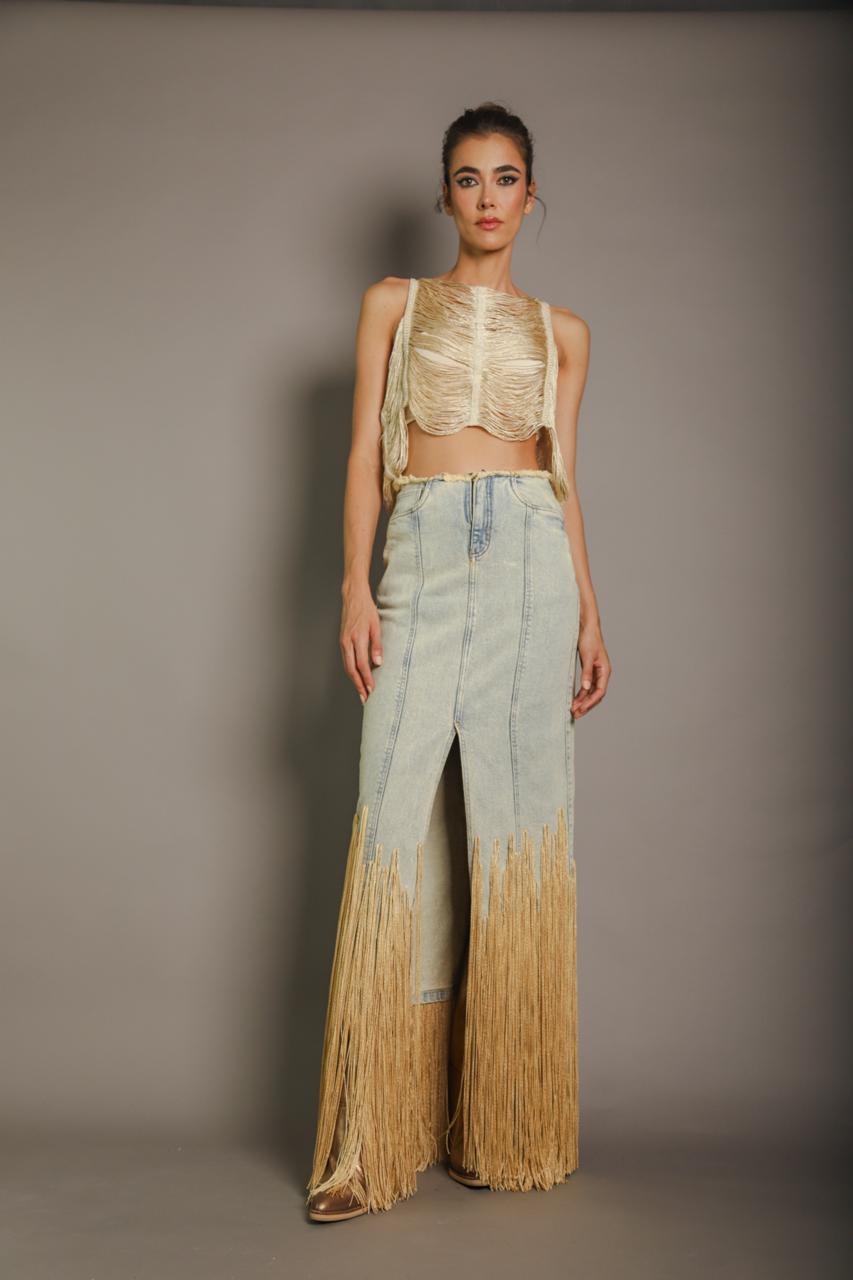 MAXI FALDA DENIM CON FLECOS