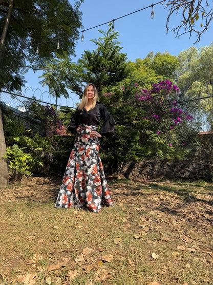 MAXI FALDA JACQUARD FLORES NEGRO Y OCRE
